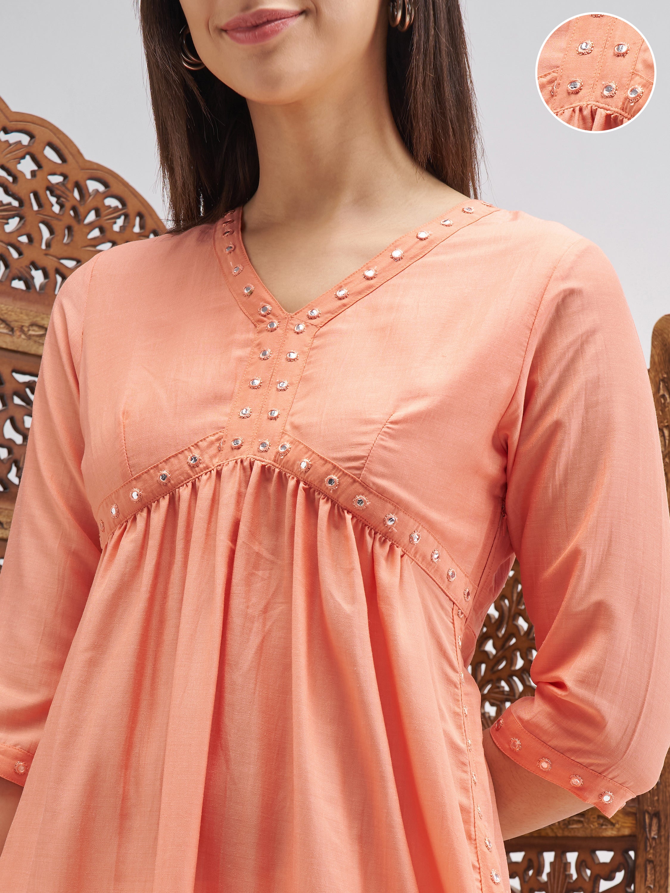 Vishudh Women Peach Embroidered Straight Kurta - Peach - Image 5