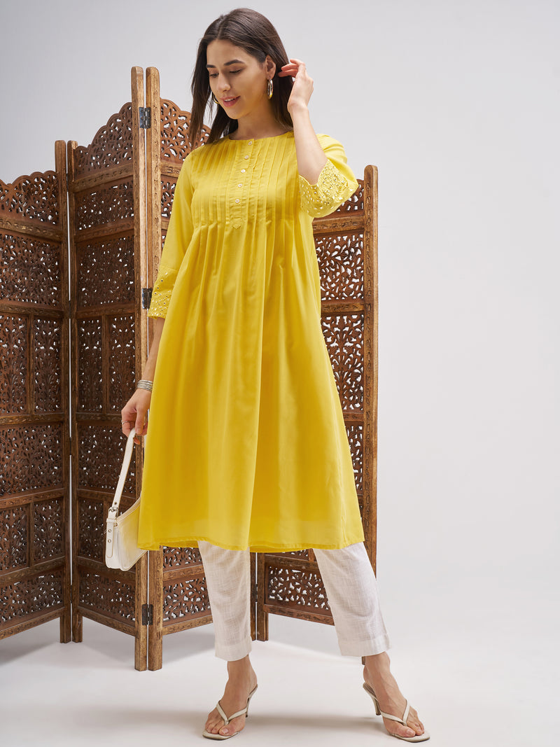 Vishudh Women Yellow Embroidered A-Line Kurta - Yellow - Image 1