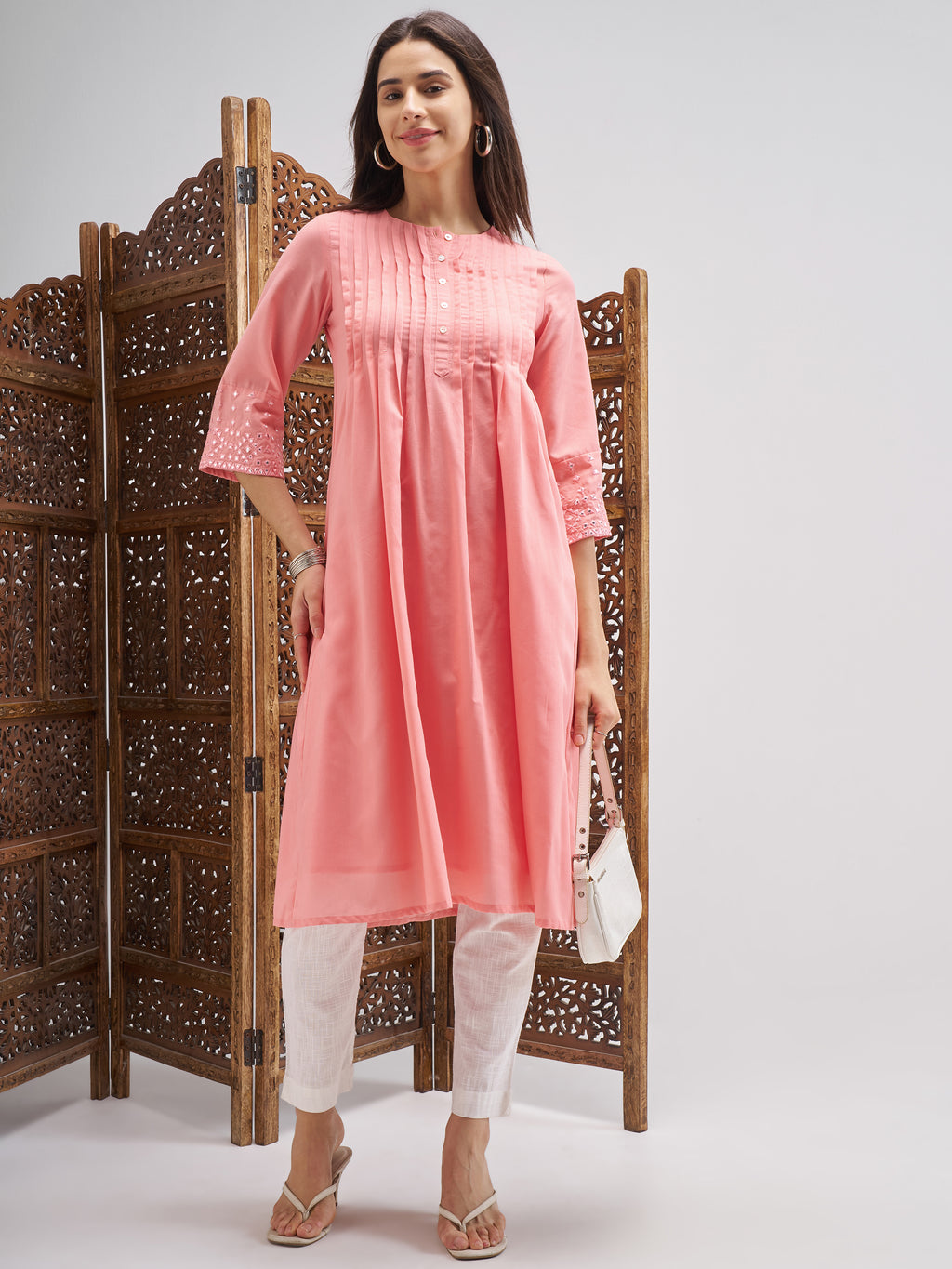 Vishudh Women Pink Embroidered A-Line Kurta - Pink - Image 1