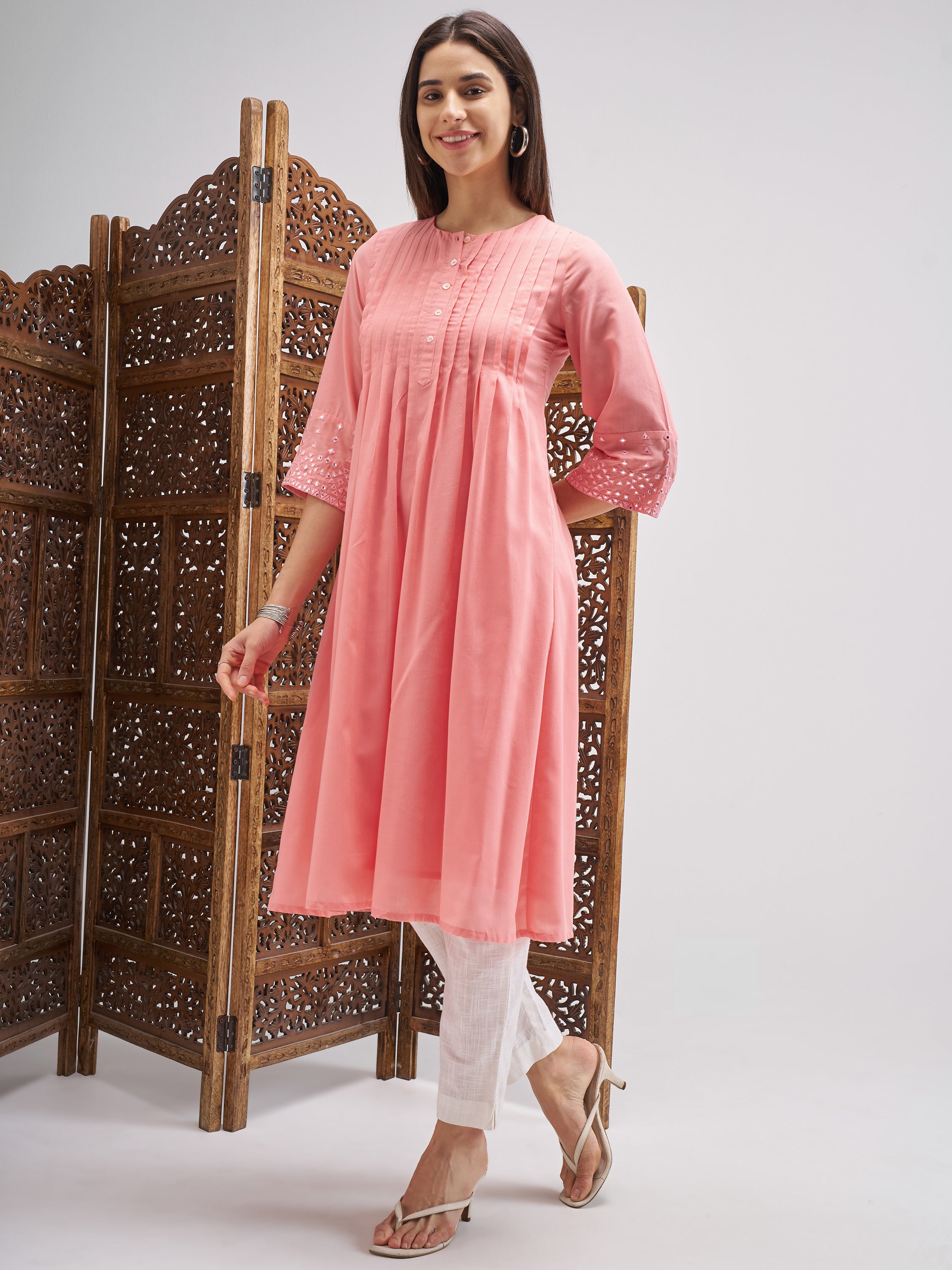 Vishudh Women Pink Embroidered A-Line Kurta - Pink - Image 2