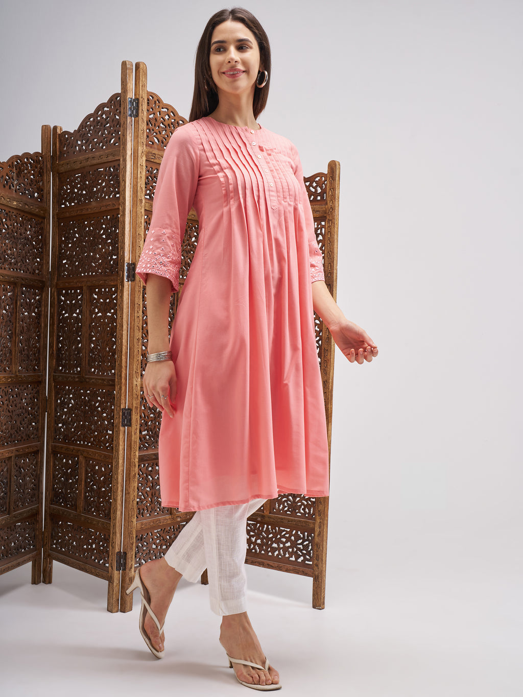 Vishudh Women Pink Embroidered A-Line Kurta - Pink - Image 4