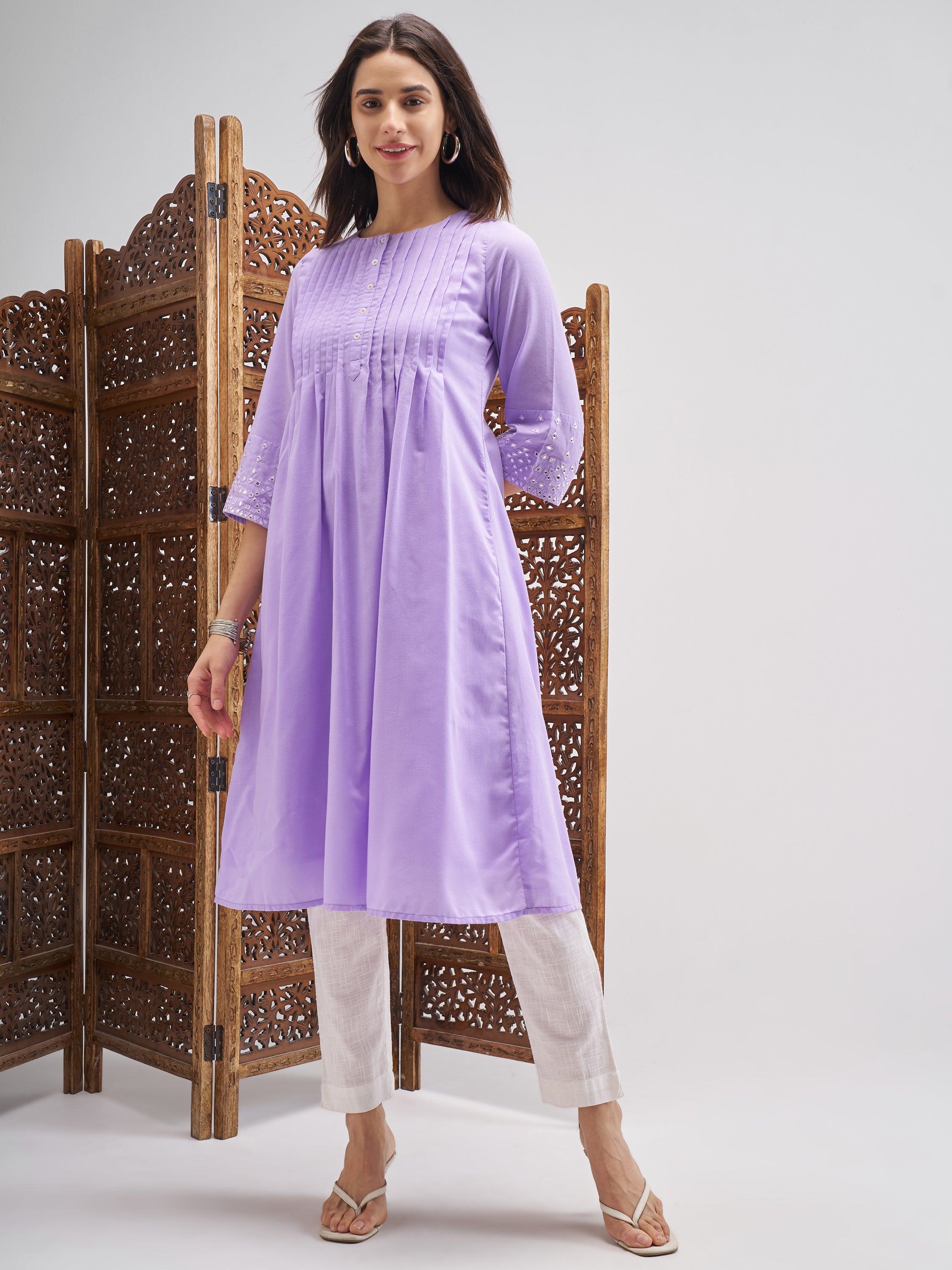 Vishudh Women Purple Embroidered A-Line Kurta - Purple - Image 1