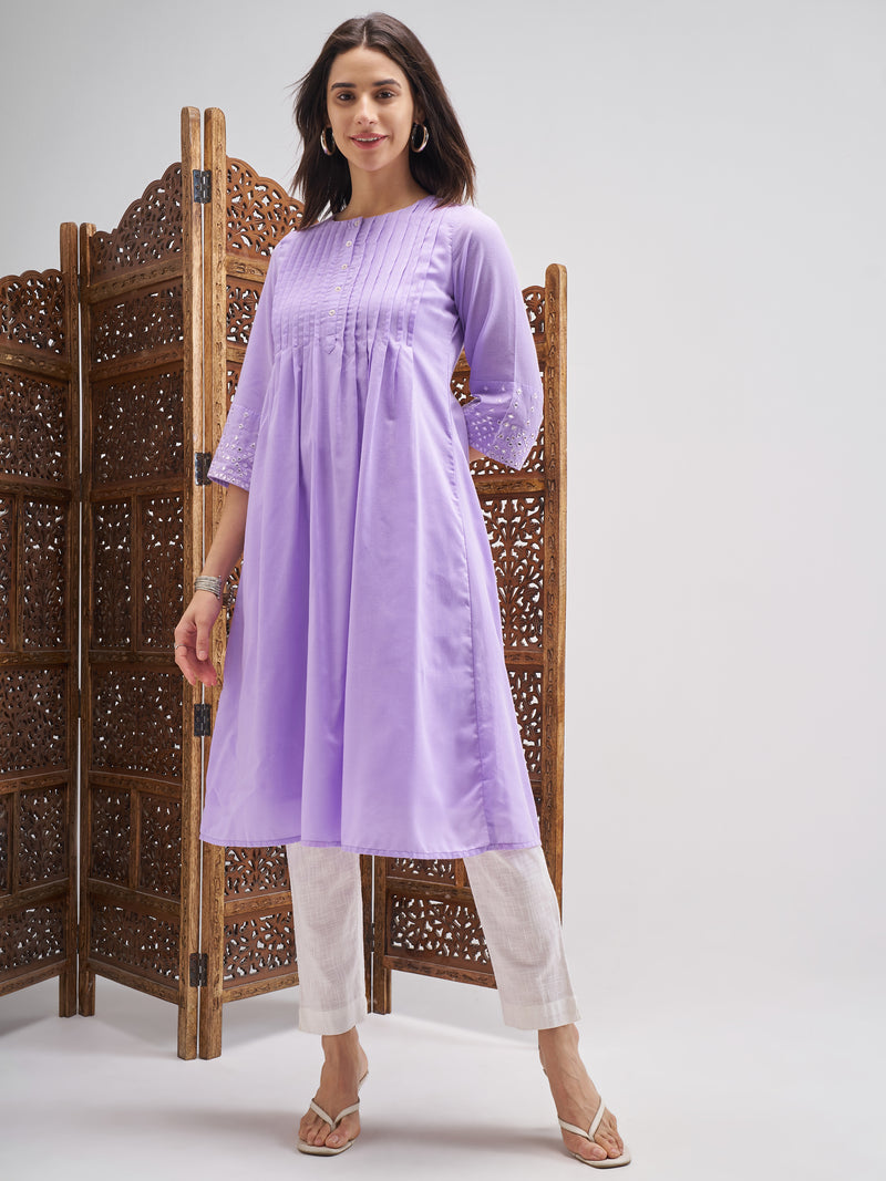 Vishudh Women Purple Embroidered A-Line Kurta - Purple - Image 1