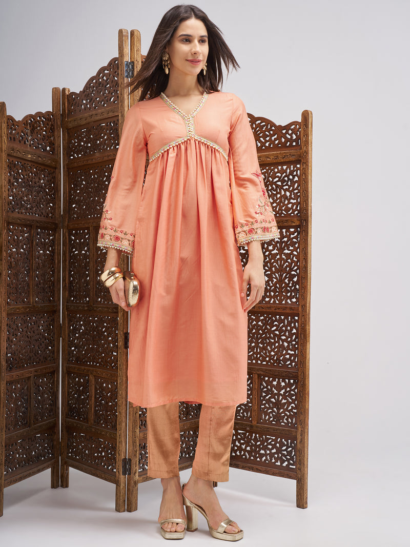 Vishudh Women Peach Embroidered Anarkali Kurta - Peach - Image 1