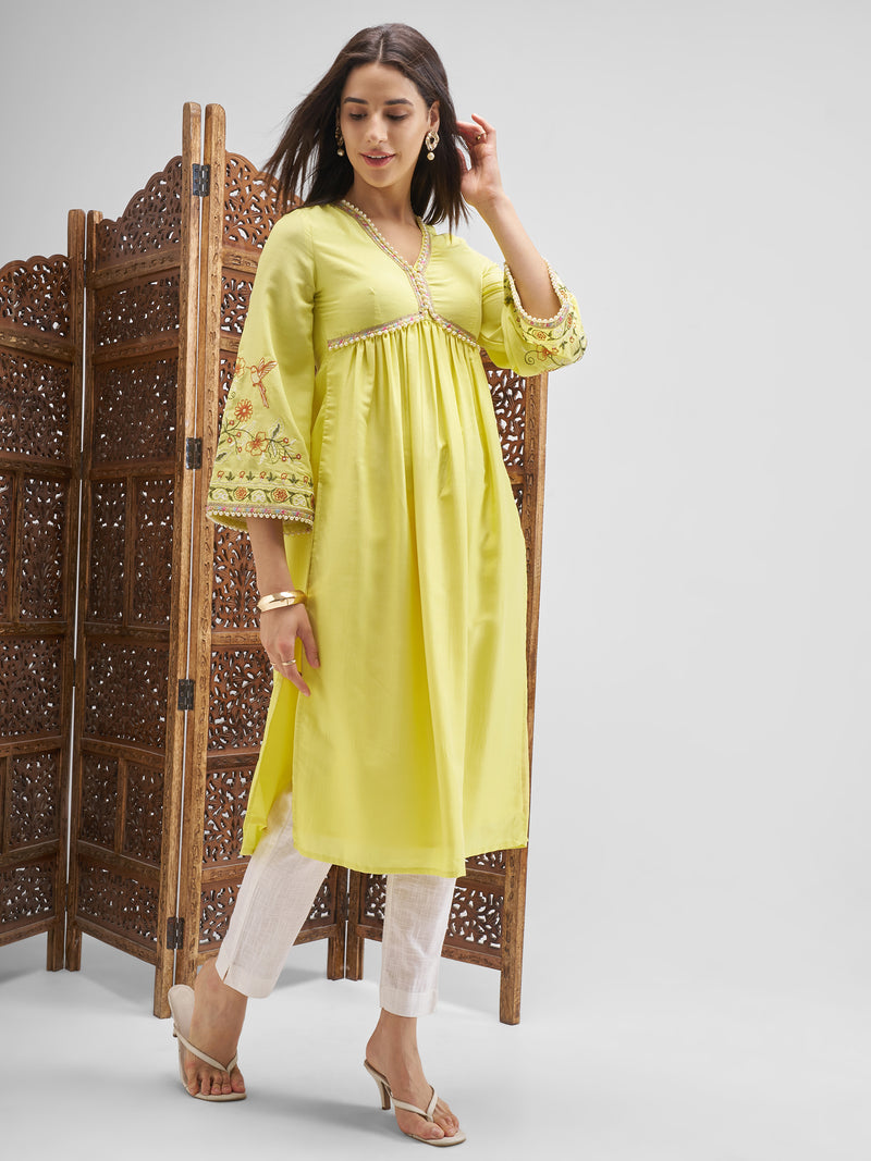 Vishudh Women Yellow Embroidered Anarkali Kurta - Yellow - Image 1