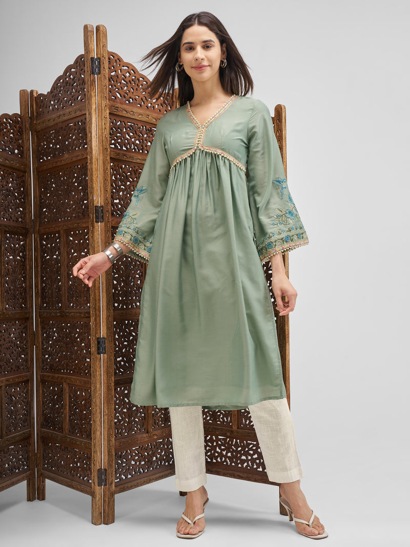Vishudh Women Green Embroidered Anarkali Kurta - Green - Image 1