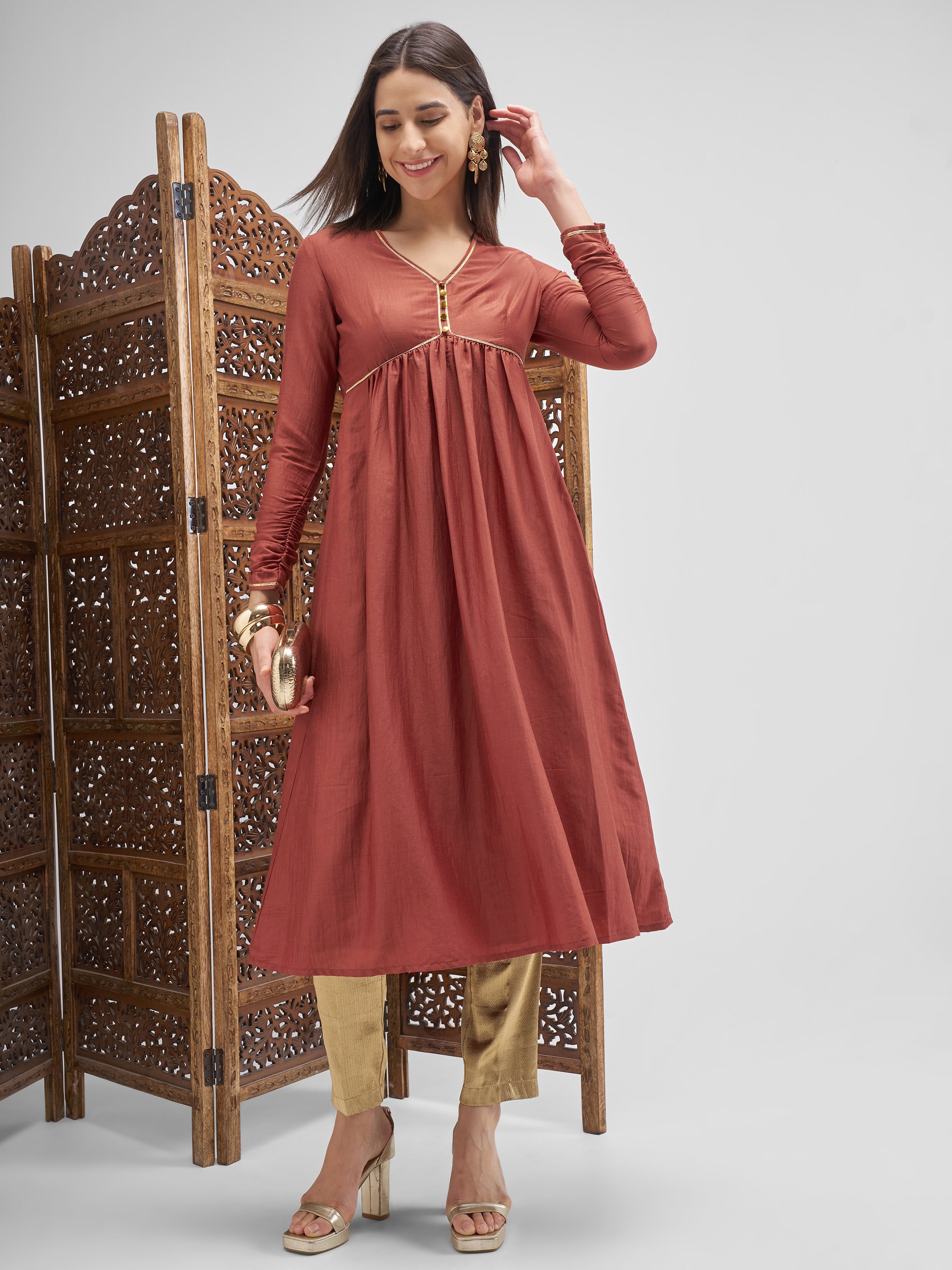 Vishudh Women Rust Embroidered Anarkali Kurta - Rust - Image 1