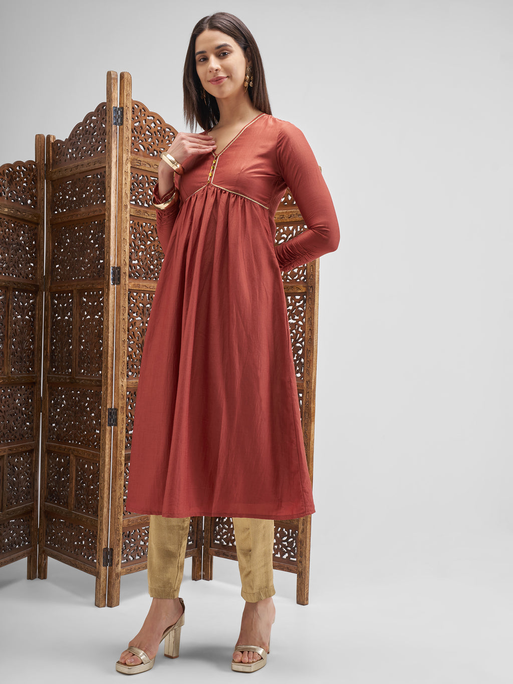 Vishudh Women Rust Embroidered Anarkali Kurta - Rust - Image 2