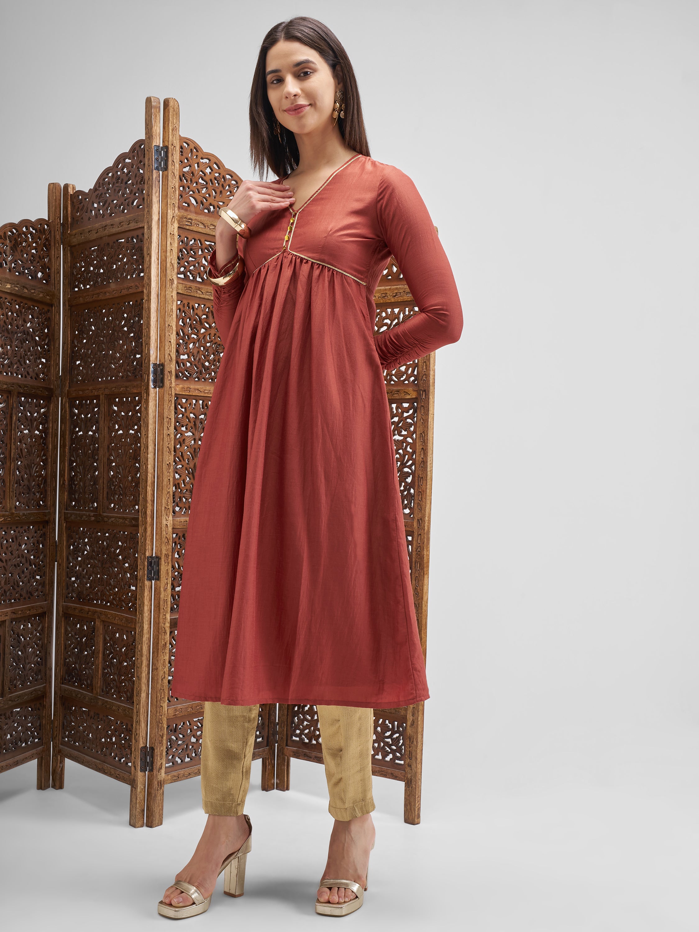 Vishudh Women Rust Embroidered Anarkali Kurta - Rust - Image 2