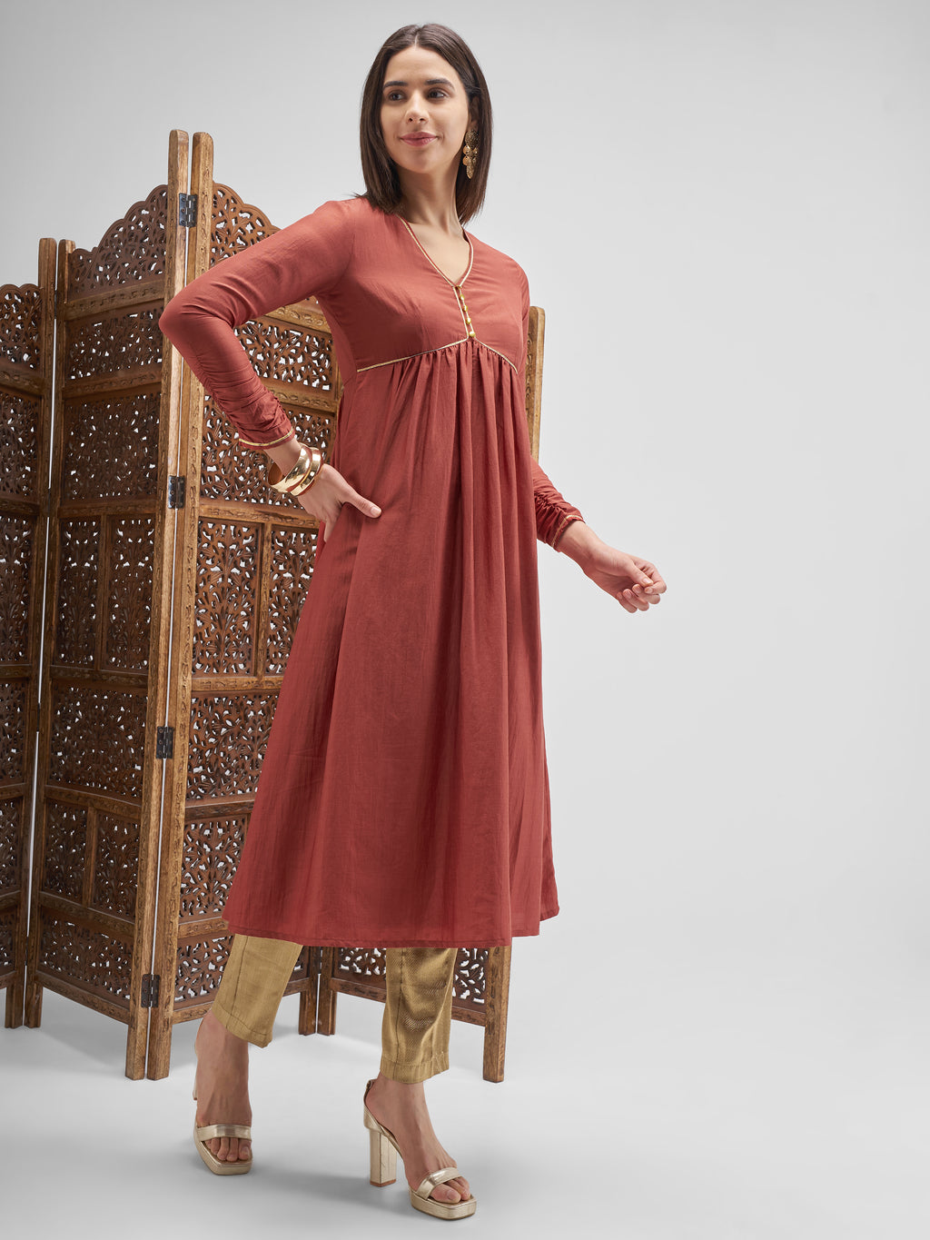 Vishudh Women Rust Embroidered Anarkali Kurta - Rust - Image 4