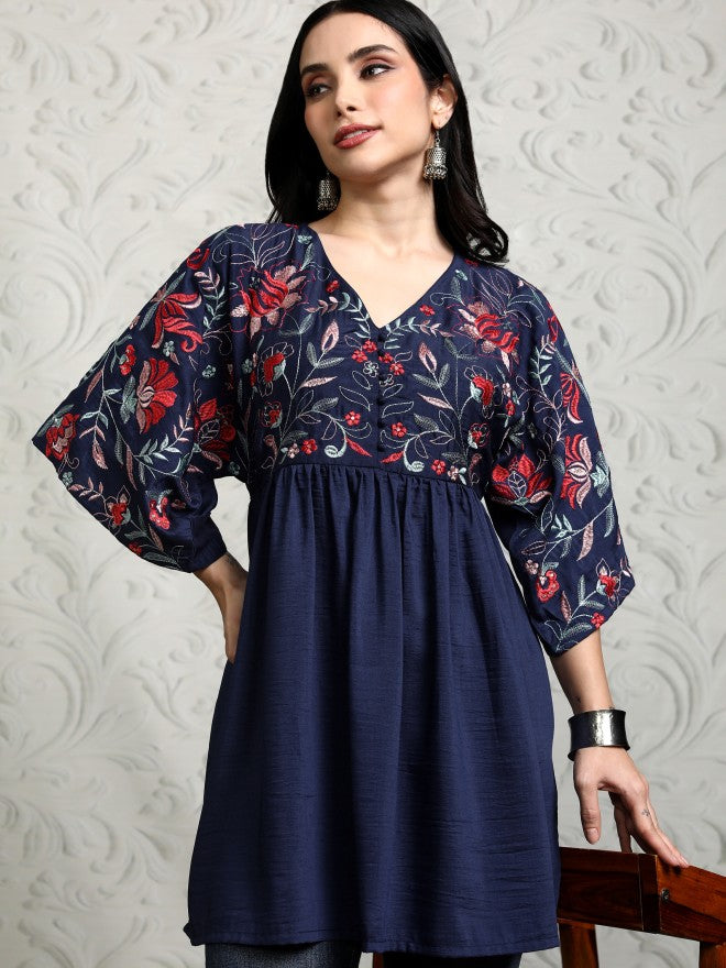 Vishudh Women Navy Blue Embroidered Tunic - Navy Blue - Image 1