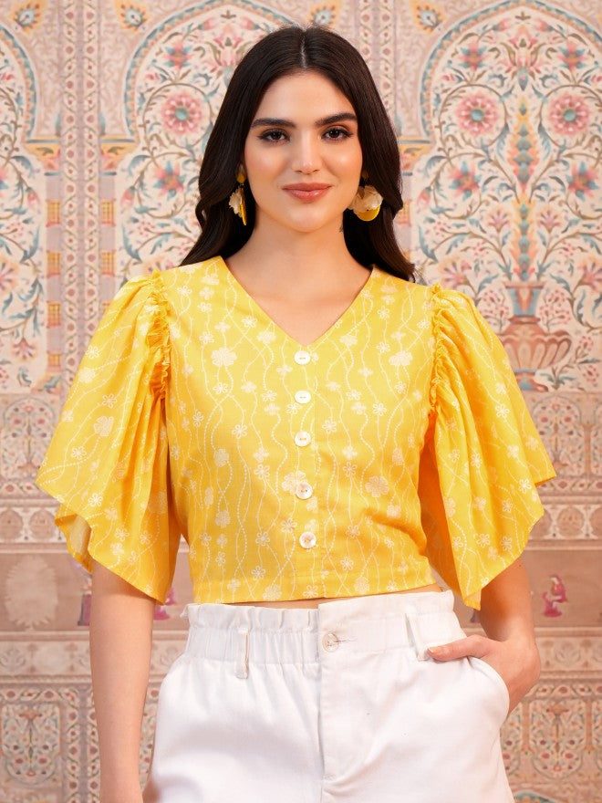 Vishudh Women Yellow Printed Top - Yellow - Image 1