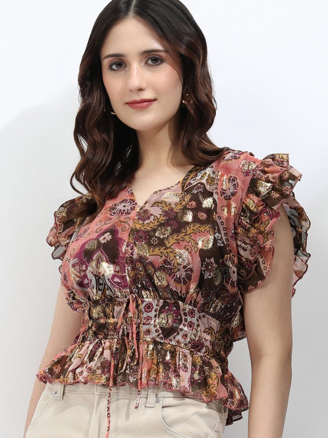 Vishudh Women Peach Printed Top - Peach - Image 1