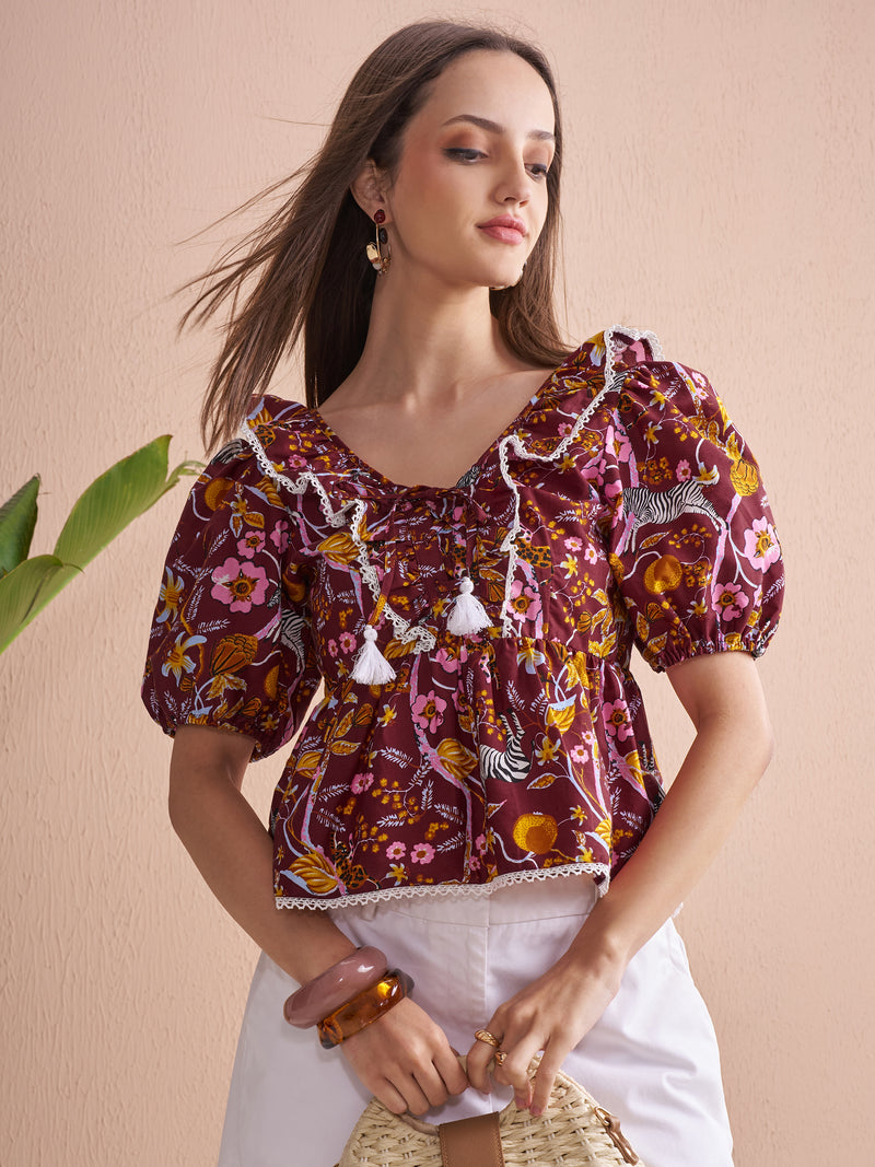 Vishudh Women Maroon Printed Top - Maroon - Image 1