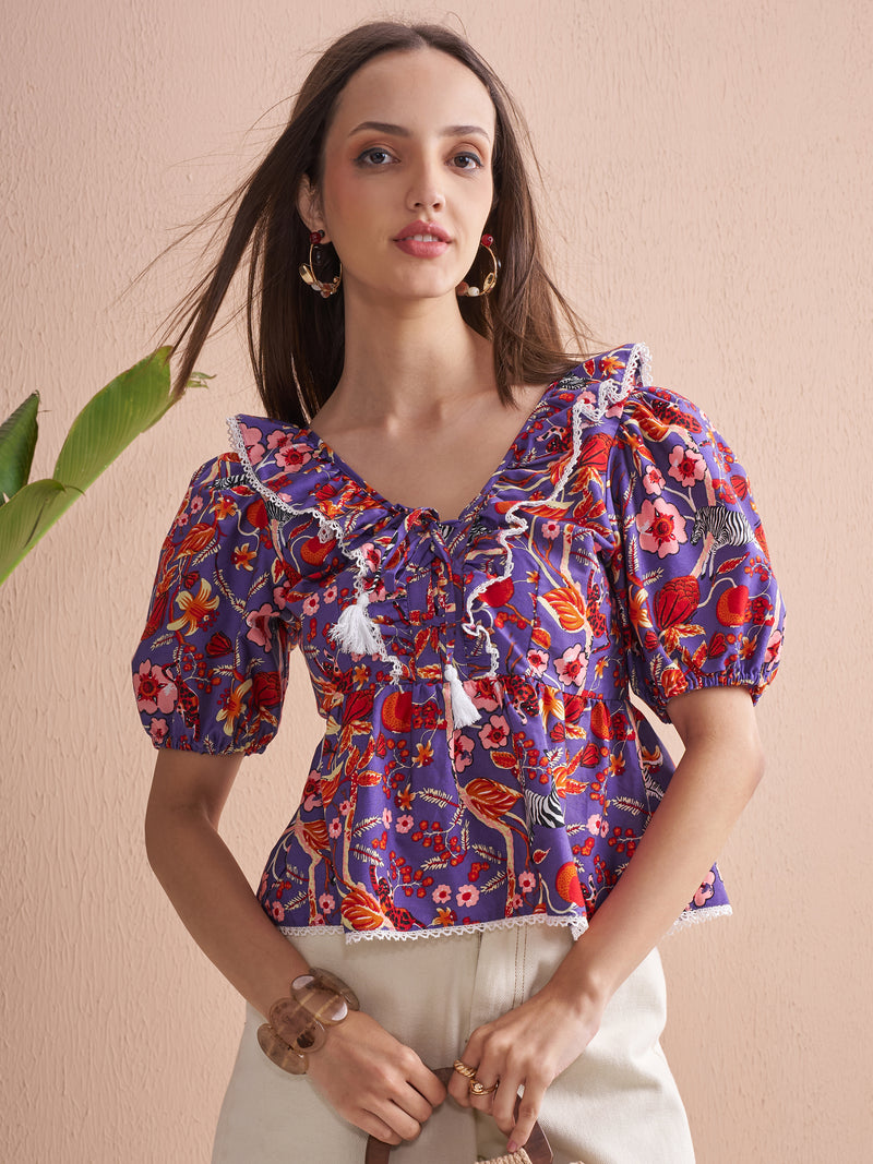 Vishudh Women Purple Printed Top - Purple - Image 1