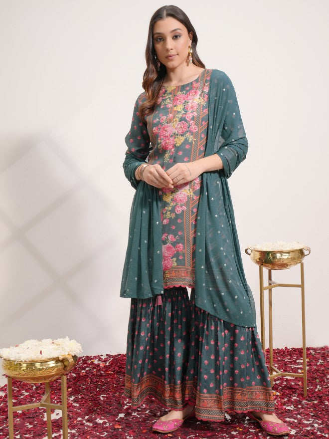 Vishudh Women Green Printed Kurta With Sharara And Dupatta - Green - Image 1