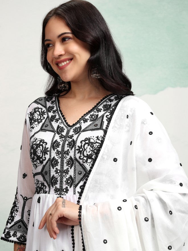 Vishudh Women White Embroidered Kurta With Sharara And Dupatta - White - Image 1