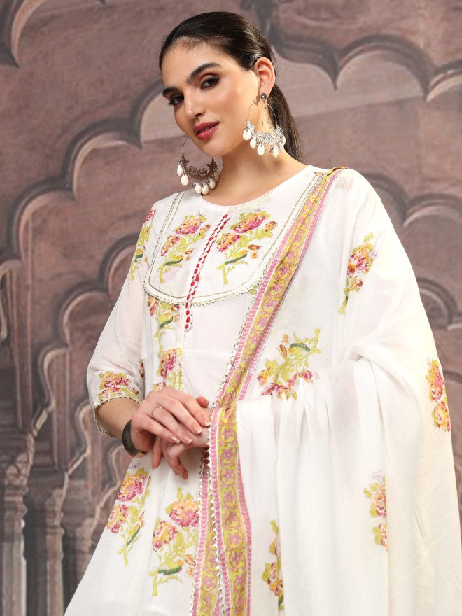 Vishudh Women White Printed Kurta With Sharara And Dupatta - White - Image 1
