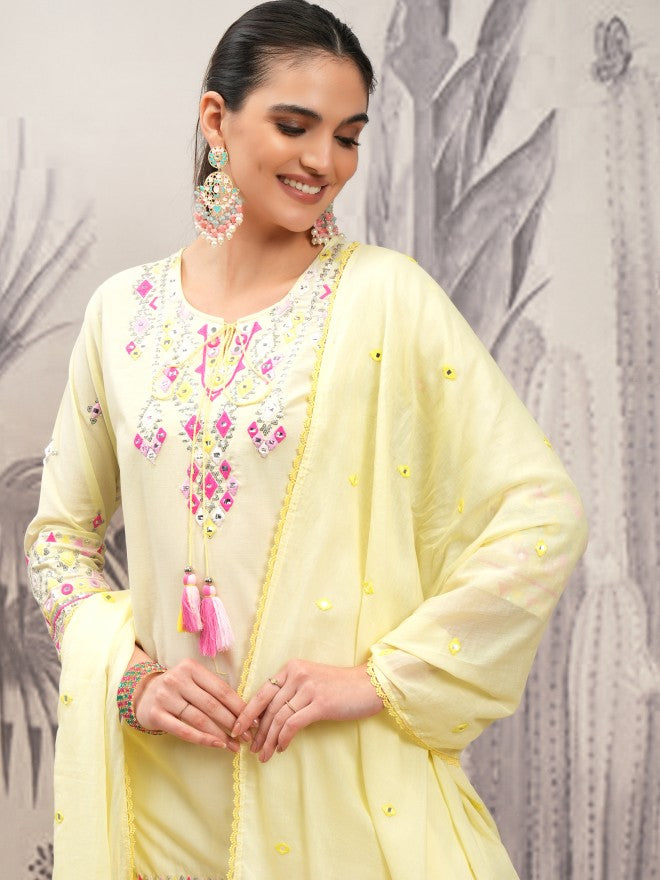 Vishudh Women Yellow Printed Kurta With Sharara And Dupatta - Yellow - Image 1