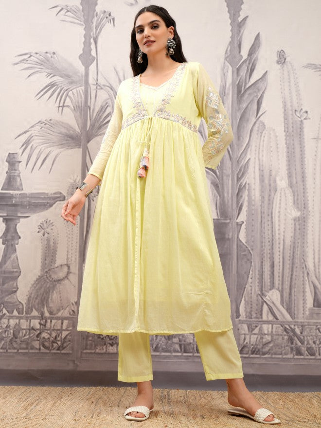Vishudh Women Yellow Embroidered Kurta With Palazzo - Yellow - Image 1