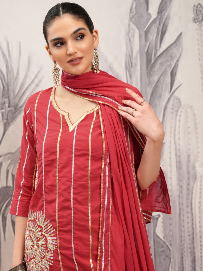 Vishudh Women Red Embroidered Kurta With Sharara And Dupatta - Red - Image 1