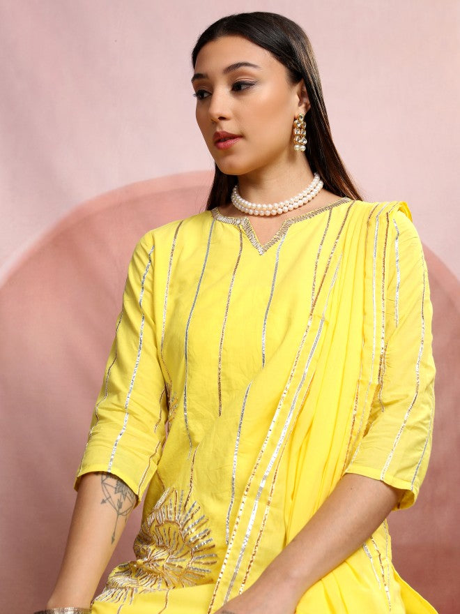 Vishudh Women Yellow Embroidered Kurta With Sharara And Dupatta - Yellow - Image 1