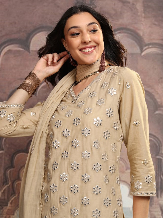 Vishudh Women Beige Embroidered Kurta With Sharara And Dupatta - Beige - Image 1