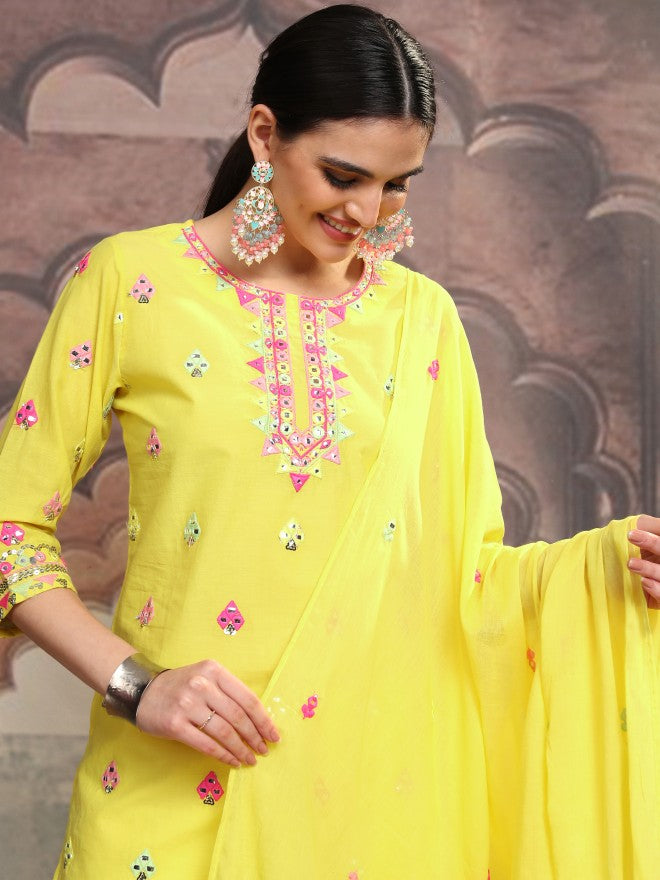 Vishudh Women Yellow Embroidered Kurta With Sharara And Dupatta - Yellow - Image 1