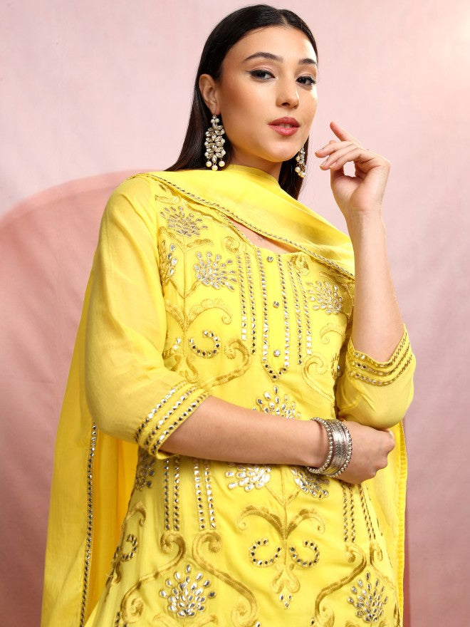 Vishudh Women Yellow Embroidered Kurta With Sharara And Dupatta - Yellow - Image 1