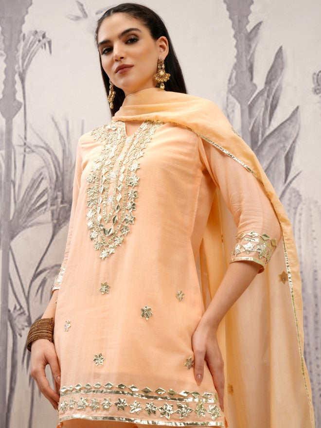 Vishudh Women Pink Embroidered Kurta With Sharara And Dupatta - Orange - Image 1