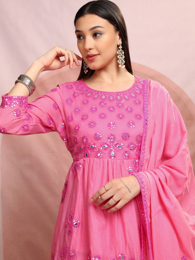 Vishudh Women Coral Embroidered Kurta With Sharara And Dupatta - Pink - Image 1