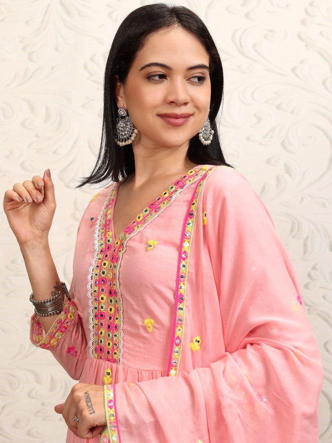 Vishudh Women Peach Embroidered Kurta With Sharara And Dupatta - Peach - Image 1