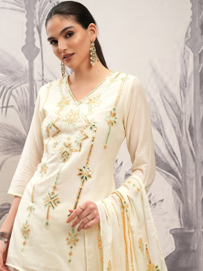 Vishudh Women Cream Printed Kurta With Sharara And Dupatta - Cream - Image 1