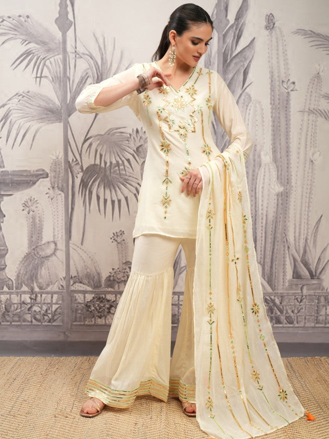 Vishudh Women Cream Printed Kurta With Sharara And Dupatta - Cream - Image 2