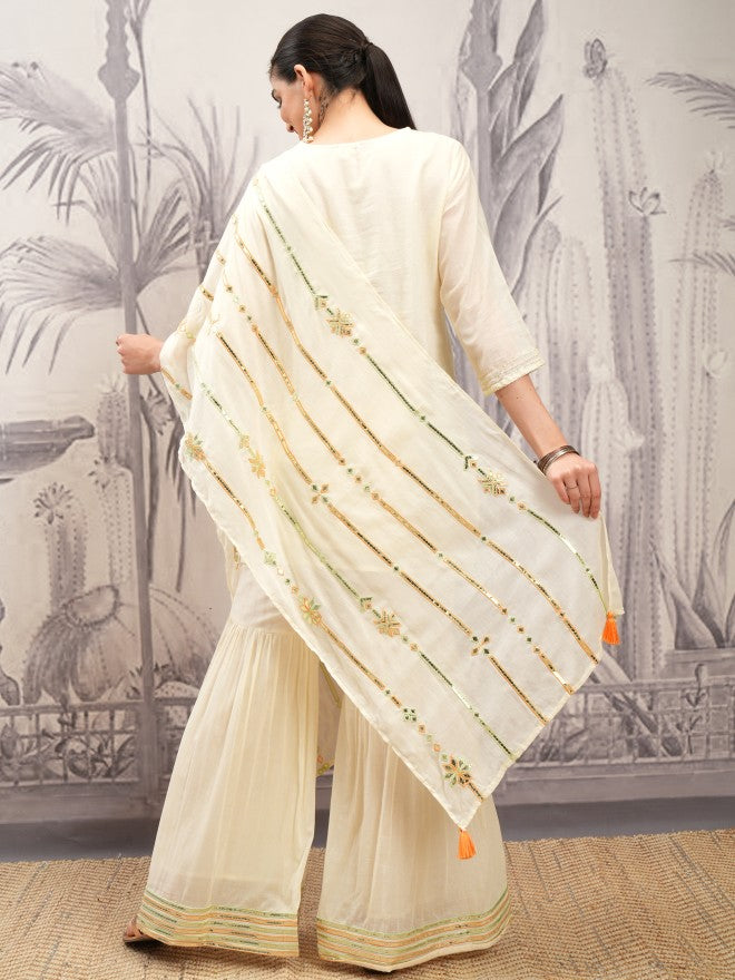 Vishudh Women Cream Printed Kurta With Sharara And Dupatta - Cream - Image 3