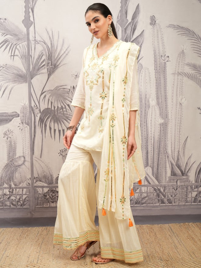 Vishudh Women Cream Printed Kurta With Sharara And Dupatta - Cream - Image 4