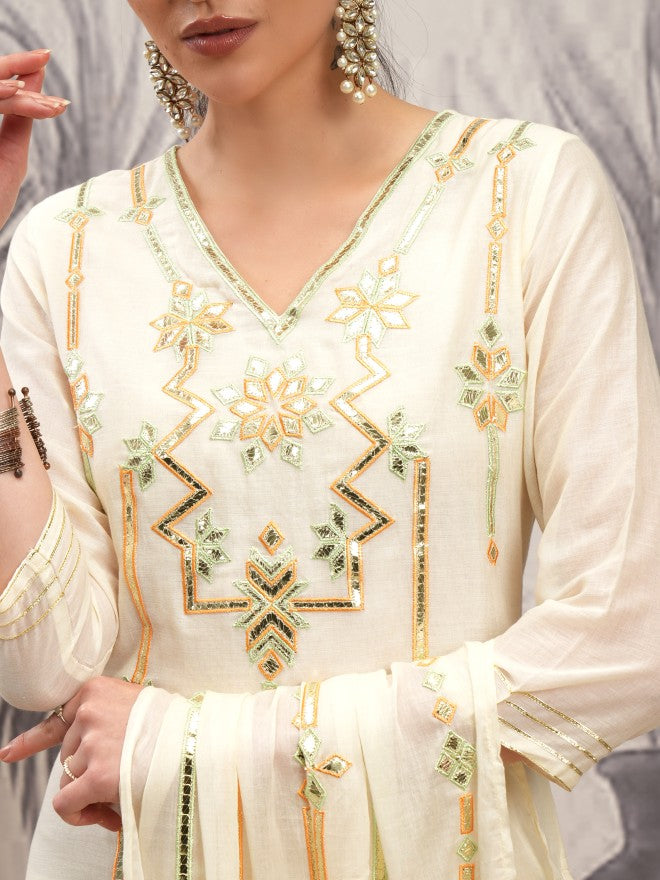 Vishudh Women Cream Printed Kurta With Sharara And Dupatta - Cream - Image 5