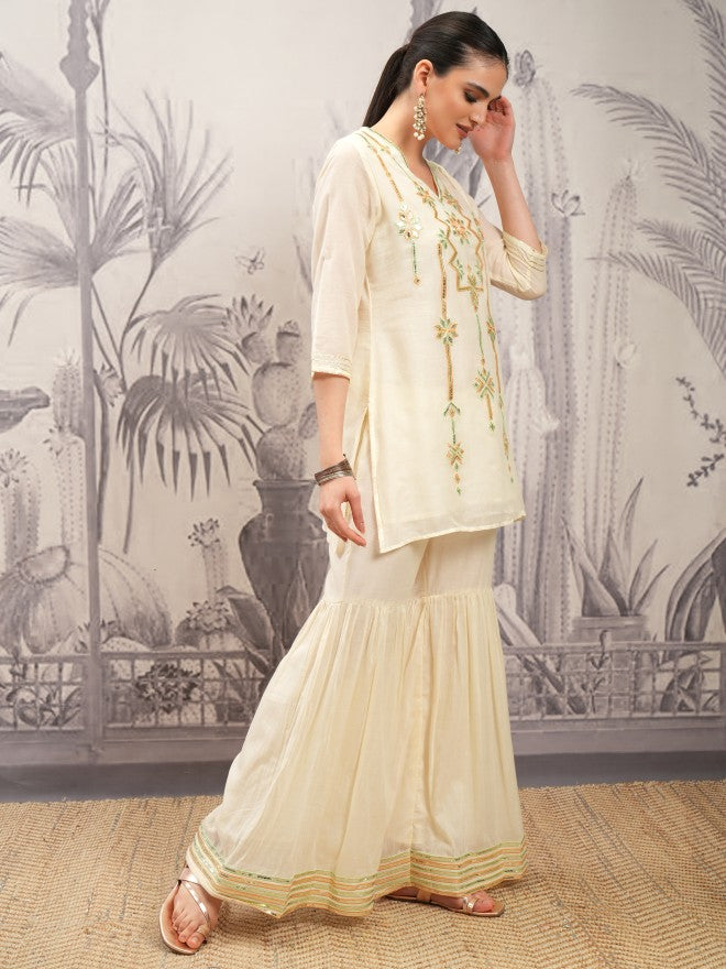 Vishudh Women Cream Printed Kurta With Sharara And Dupatta - Cream - Image 6