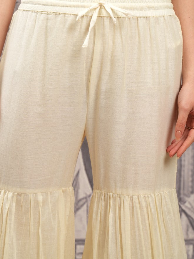 Vishudh Women Cream Printed Kurta With Sharara And Dupatta - Cream - Image 7