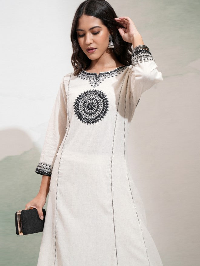 Vishudh Women Off White Embroidered Kurta With Palazzo - Off White - Image 1