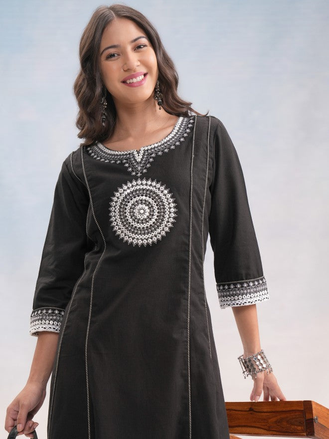 Vishudh Women Black Embroidered Kurta With Palazzo - Black - Image 1