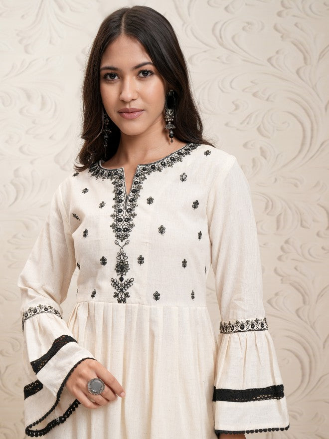 Vishudh Women Cream Embroidered Kurta With Palazzo - Cream - Image 1