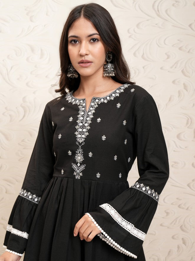 Vishudh Women Black Embroidered Kurta With Palazzo - Black - Image 1