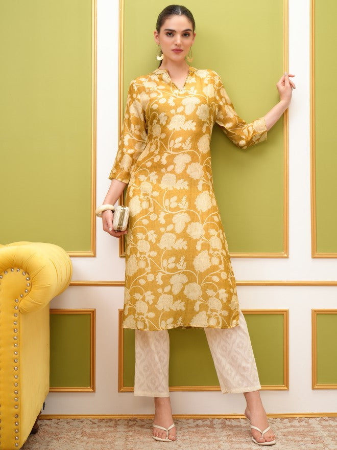 Vishudh Women Mustard Printed Straight Kurta - Mustard - Image 1