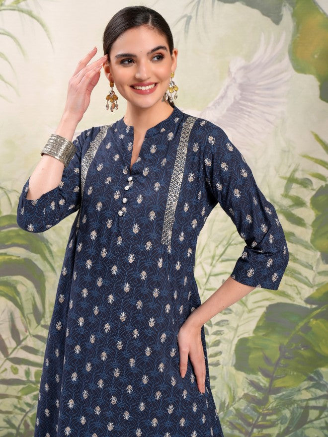 Vishudh Women Navy Blue Printed A-Line Kurta - Navy Blue - Image 1
