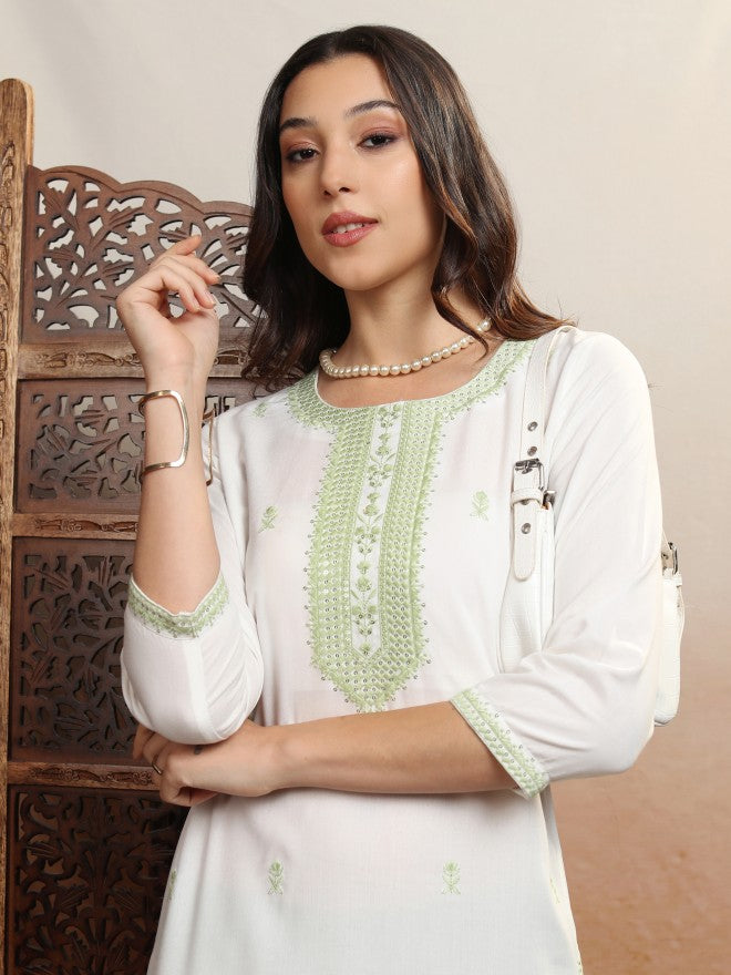 Vishudh Women White Embroidered Straight Kurta - White - Image 1