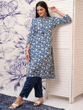 Vishudh Women Blue Printed Straight Kurta - Blue - Image 1