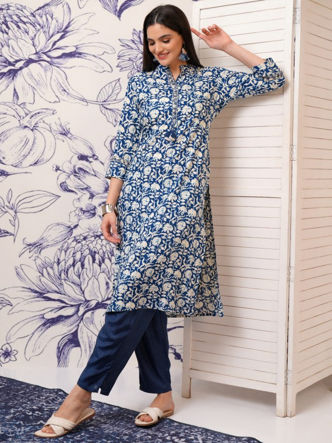 Vishudh Women Blue Printed Straight Kurta - Blue - Image 1