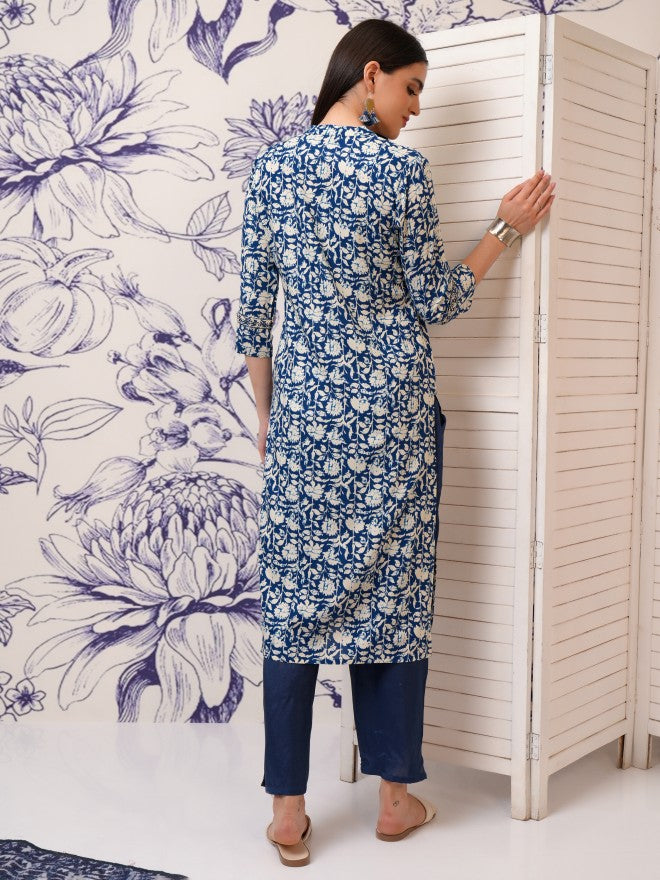 Vishudh Women Blue Printed Straight Kurta - Blue - Image 3