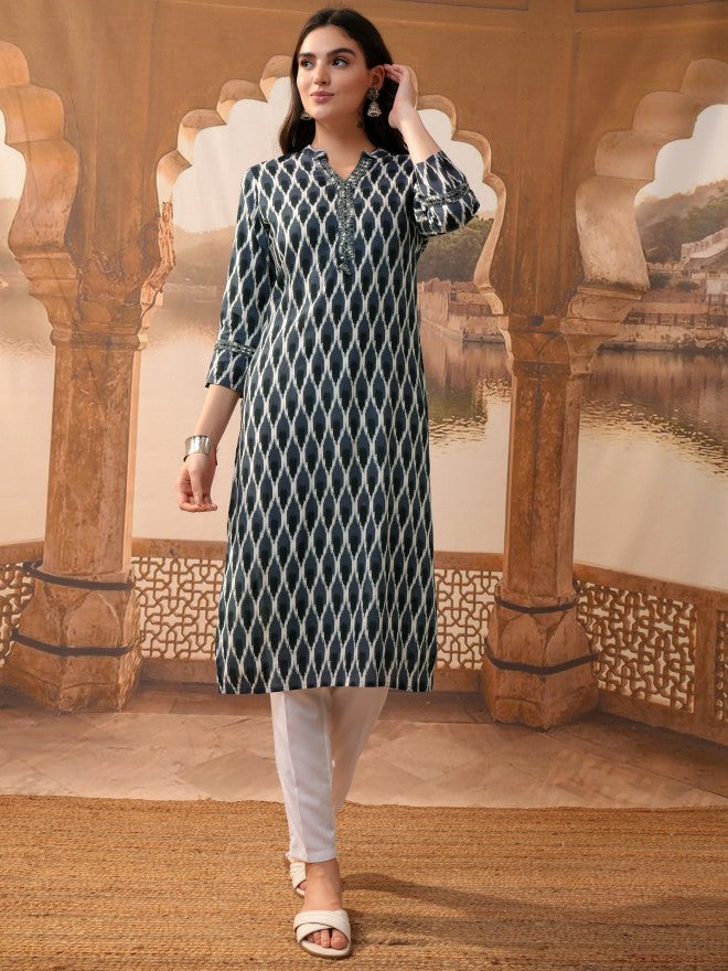 Vishudh Women Grey Printed Straight Kurta - Grey - Image 1